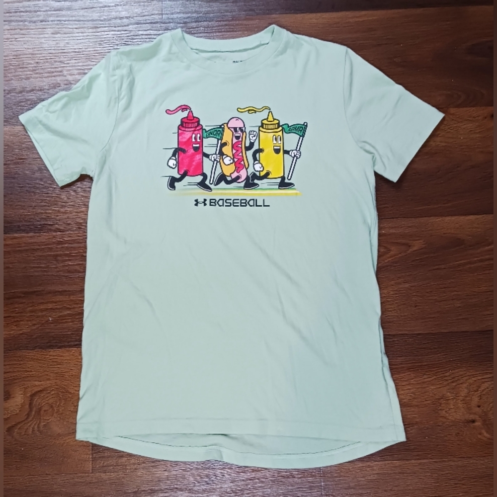 Under Armor Boys Youth Size L Green Graphic Ketchup Hotdog Mustard Baseball Tee